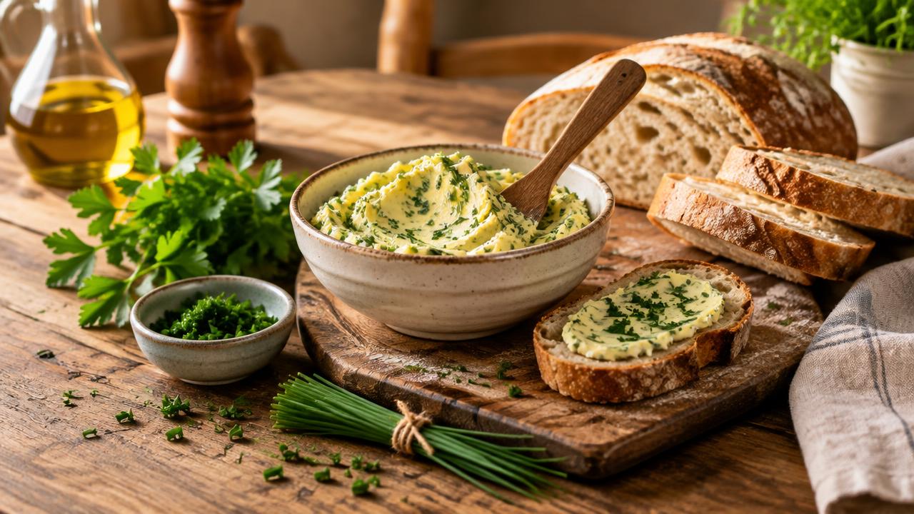 Beurre aux fines herbes et pain de campagne