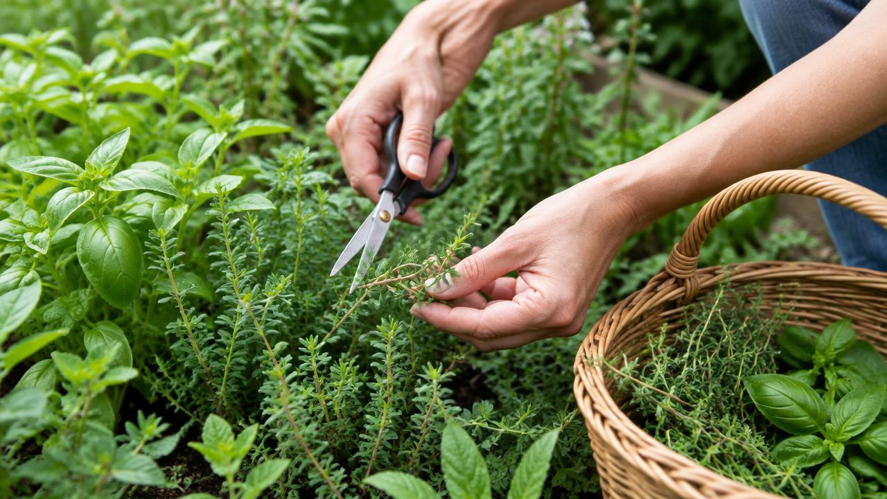 Mains récoltant du thym avec des ciseaux